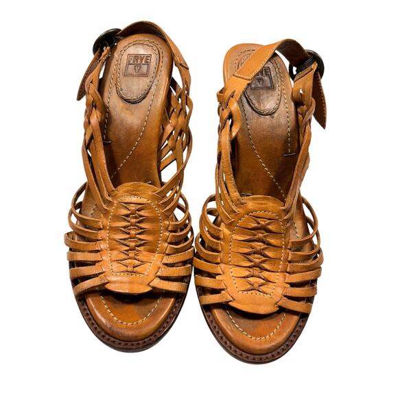FRYE Vintage '70s Style Woven Leather Platform High Heel Sandals Size 7.5 B - Picture 1 of 9